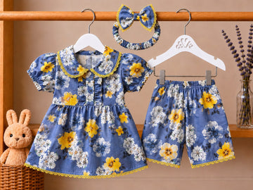 Bluebell Bloom 3-Piece Set – Dress, Shorts & Bow Headband