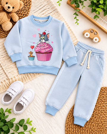 Sky Blue Fleece Tracksuit Set with Sweet Cat & Mouse Cupcake Print