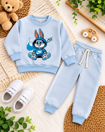 Little Hops Sky Blue Fleece Tracksuit Set – Bunny Graphic