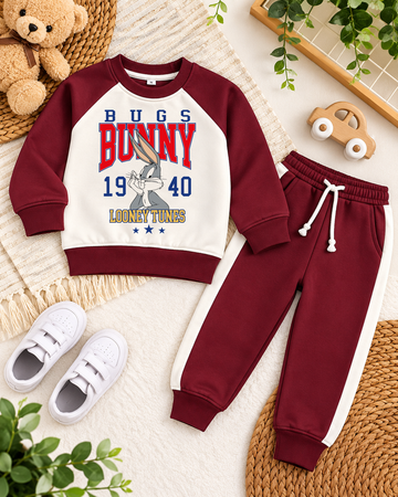 Maroon & Cream Fleece Tracksuit Set with Classic Bunny Graphic