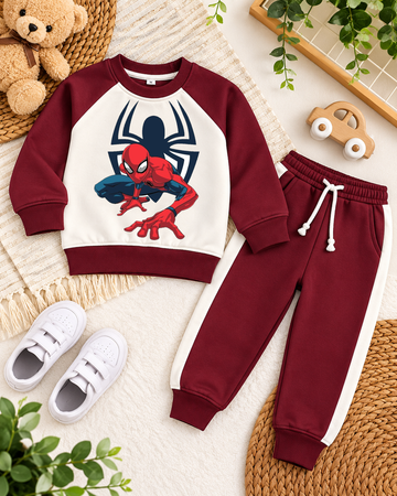 Maroon & Cream Fleece Tracksuit Set – Spider Man Graphic